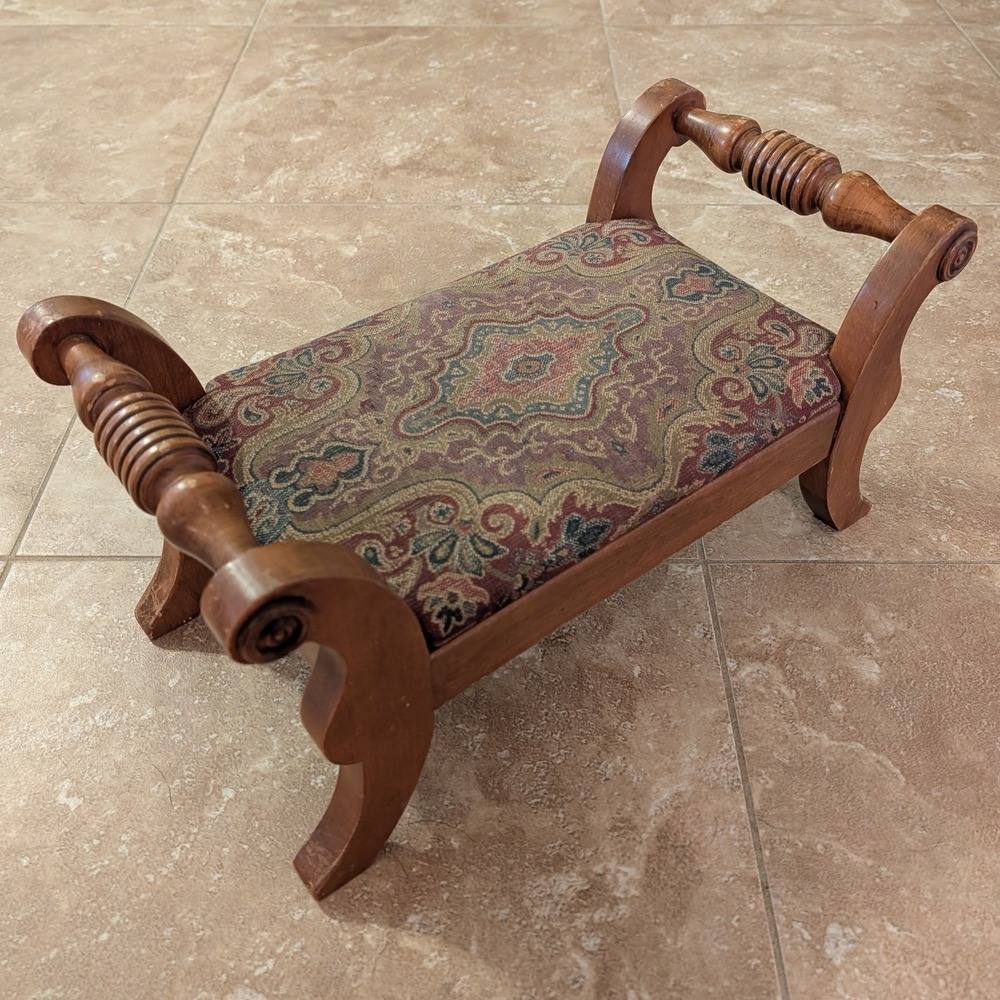 Vintage Wood Footstool Ottoman Turned Spindle Arms Tapestry Upholstered Boho